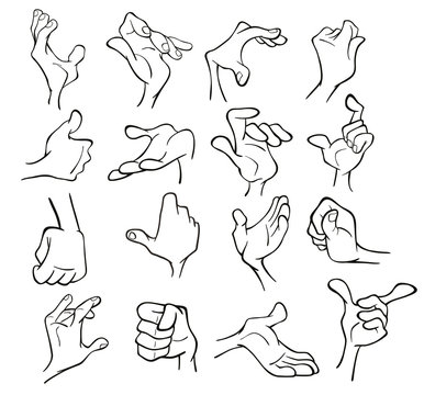 A Set of  Cartoon Illustrations. Hands with Different Gestures for you Design. Coloring Book. Outline
