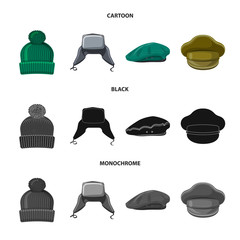 Vector illustration of headgear and cap icon. Collection of headgear and accessory vector icon for stock.