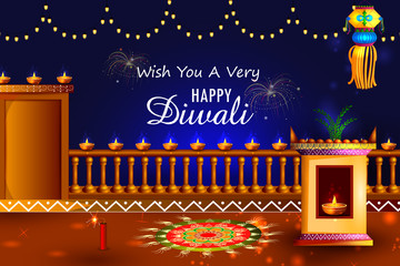 Diya and hanging Lamp on Happy Diwali night celebrating holiday of India