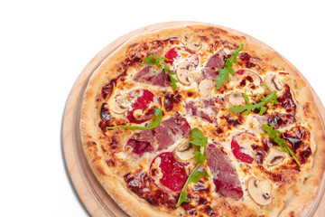 Delicious pizza served on wooden plate isolated on white