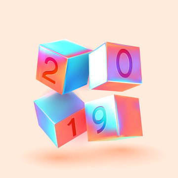 2019 New Year number cubes. Minimal abstract art with geometric shapes stylish background with 3d elements cube. Fashion poster, banner, card design vector illustration