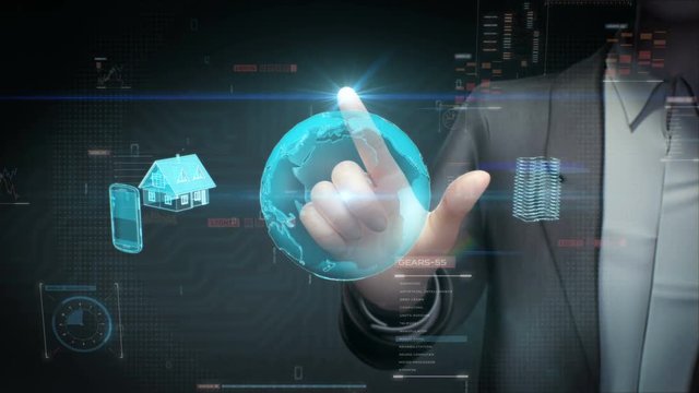 Businessman touching global earth, Smart house, smart Factory, Building, Car, Mobile, internet sensor connect global earth, artificial intelligence. 4k animation.