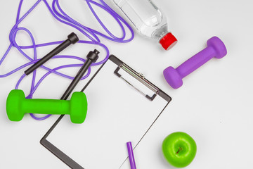 Mockup clipboard with Gym equipment dumbbell on white background
