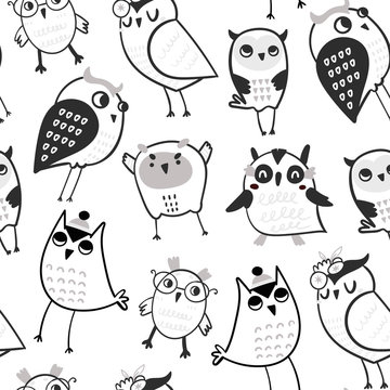 Hand drawn various cute owls. Graphic vector seamless pattern