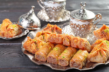 Homemade baklava with nuts and honey syrup
