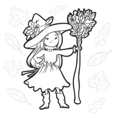 Cute little witch with a broom. Vector illustration.