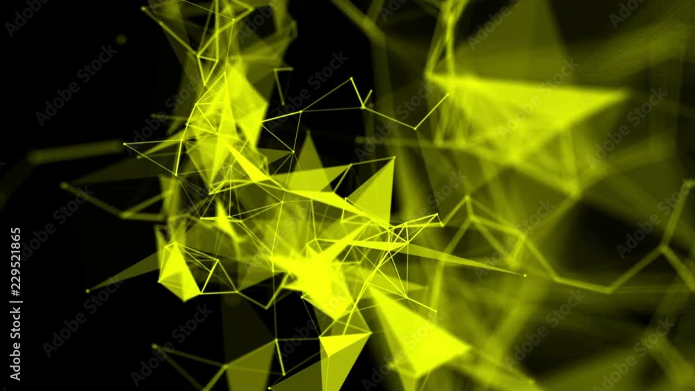 Poster yellow particles are moving slowly against a dark background. abstract animation. 3d rendering
