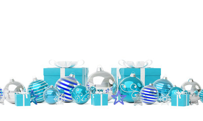 Blue christmas gifts and baubles isolated 3D rendering