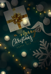 Fototapeta na wymiar Christmas vector background. Creative design greeting card, banner, web poster. Top view of gift box, xmas decoration string lights garlands, balls and snowflakes.