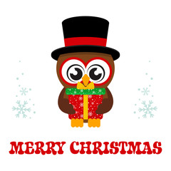 winter cartoon cute owl in hat with christmas gift and christmas text