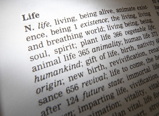 Fototapeta premium CLOSE UP OF DICTIONARY PAGE SHOWING DEFINITION OF THE WORD LIFE