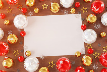 Christmas card mockup with red baubles 3D rendering