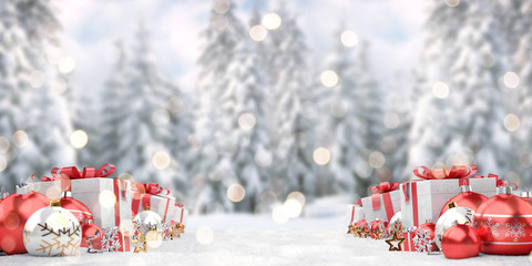 Red christmas baubles and gifts background 3D rendering