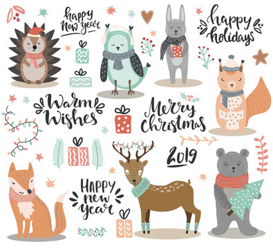 Set Of Christmas Theme Design Elements - Hand Written Elements, Woodland Cute Animals, Gifts And Florals