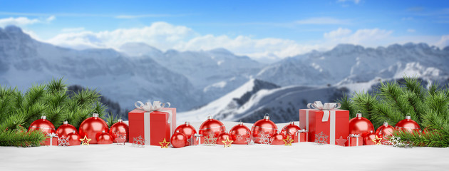 Red christmas baubles and gifts lined up 3D rendering