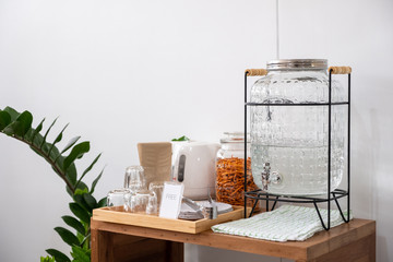 Drinking water and snacks set in cafe