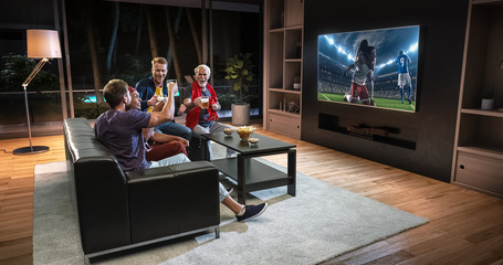 Group of fans are watching a soccer moment on the TV and celebrating a goal, sitting on the couch in the living room.