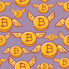 Bitcoins with wings, seamless vector pattern, flat design style