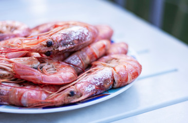 Boiled red shrimps prawns on the plate, seafood from the fish market of Catania, Sicily