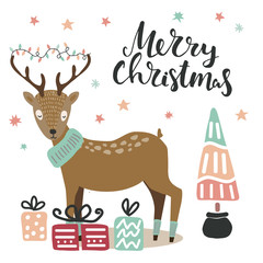 Illustration of deer and christmas tree and hand lettering merry christmas words