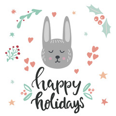Happy holidays lettering and rabbit illustration and christmas design elements