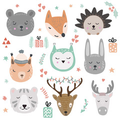 Woodland animals vector illustration. Cute and funny animal faces and winter holidays design elements