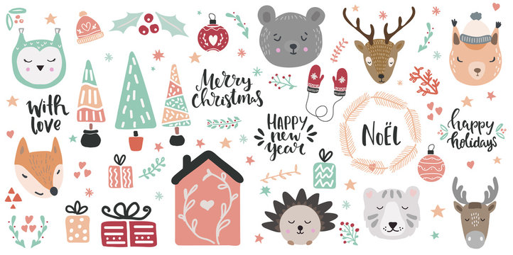 Big set of cute animal faces and christmas hand drawn lettering and clip art design elements. Woodland animals vector illustration