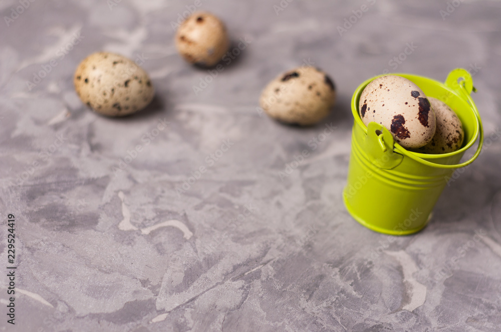 Sticker One green metal bucket with handle full of spotted fresh quail eggs near three eggs on old broken worn gray cement floor with copy space