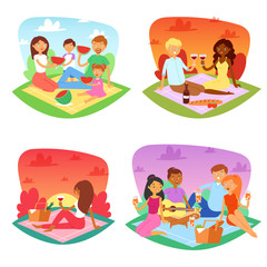 Picnic vector people happy family friends lovely couple picnicking in park illustration set of man woman kids boy or girl picnicking characters outdoors isolated on white background