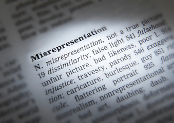 DICTIONARY PAGE SHOWING DEFINITION OF THE WORD MISREPRESENTATION