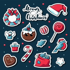 Cute doodle christmas christmas stickers. Vector hand drawn images of candy, candles, star, gift, Santa Claus hat, сhristmas cake, сhristmas gingerbread. Merry christmas lettering.