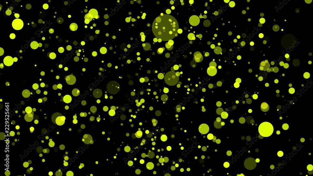 Poster yellow translucent particles slowly moving on a dark background. abstract animation. 3d rendering