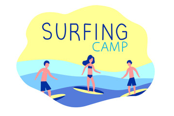 Surfing camp - active trip. Surfers with surfboards. Ocean, waves, sun and sea.