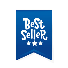 Best Seller text blue ribbon label with stars. Bestseller word. Hand drawn lettering design element