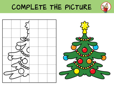 Complete the picture of a christmas tree. Copy the picture. Coloring book. Educational game for children. Cartoon vector illustration
