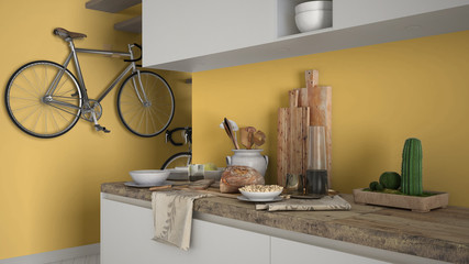 Minimalist modern kitchen close up with healthy breakfast, contemporary white and yellow interior design