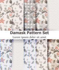 Vintage damask pattern set Vector. Old 30s style decoration textures