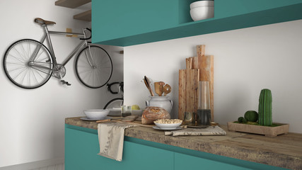 Minimalist modern kitchen close up with healthy breakfast, contemporary white and turquoise interior design