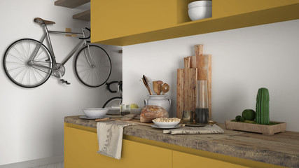 Minimalist modern kitchen close up with healthy breakfast, contemporary white and yellow interior design