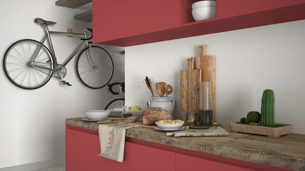 Minimalist modern kitchen close up with healthy breakfast, contemporary white and red interior design