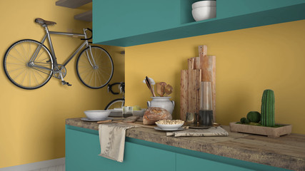 Minimalist modern kitchen close up with healthy breakfast, colored contemporary yellow and turquoise interior design