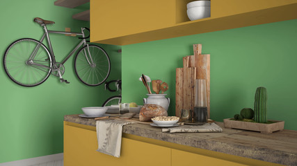 Minimalist modern kitchen close up with healthy breakfast, colored contemporary yellow and green interior design