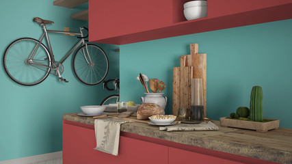 Minimalist modern kitchen close up with healthy breakfast, colored contemporary red and turquoise interior design