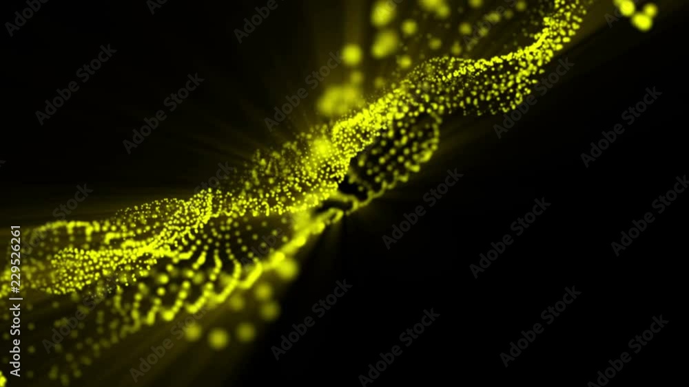 Poster plane of yellow particles slowly oscillates against a black background. abstract animation. 3d rende