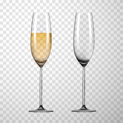 Empty glass and glass of champagne isolated on transparent background.