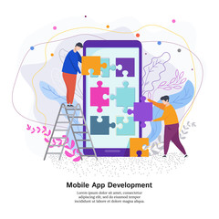 Mobile app development concept. The process of developing a mobile application interface. Young men collect Touchscreen phone as a jigsaw puzzle.