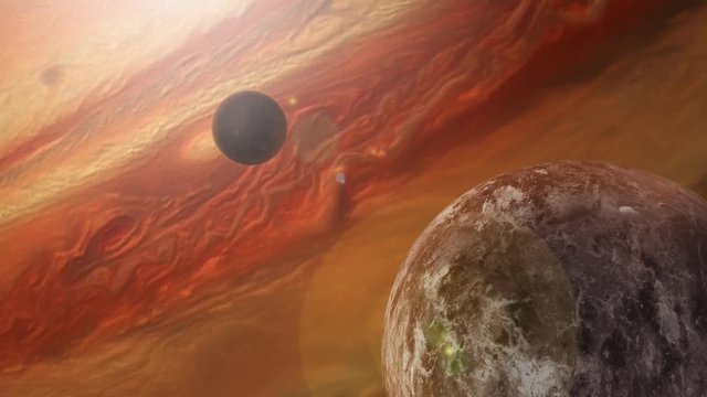 Red Space Planets Passing  (4K) Animation shows rotating red planet and moon in outer space. Futuristic sky scape from science fiction. This smooth 3d animation is made in 4K.