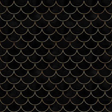 Black velvet mermaid fish scale wave japanese seamless pattern