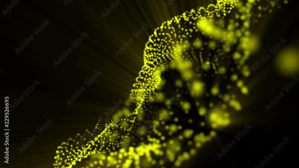 Poster plane of yellow particles slowly oscillates against a black background. abstract animation. 3d rende