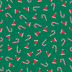 X'mas things seamless pattern gift wrap paper. Candy cane, santa hat. Green rectangle background. Flat style. 